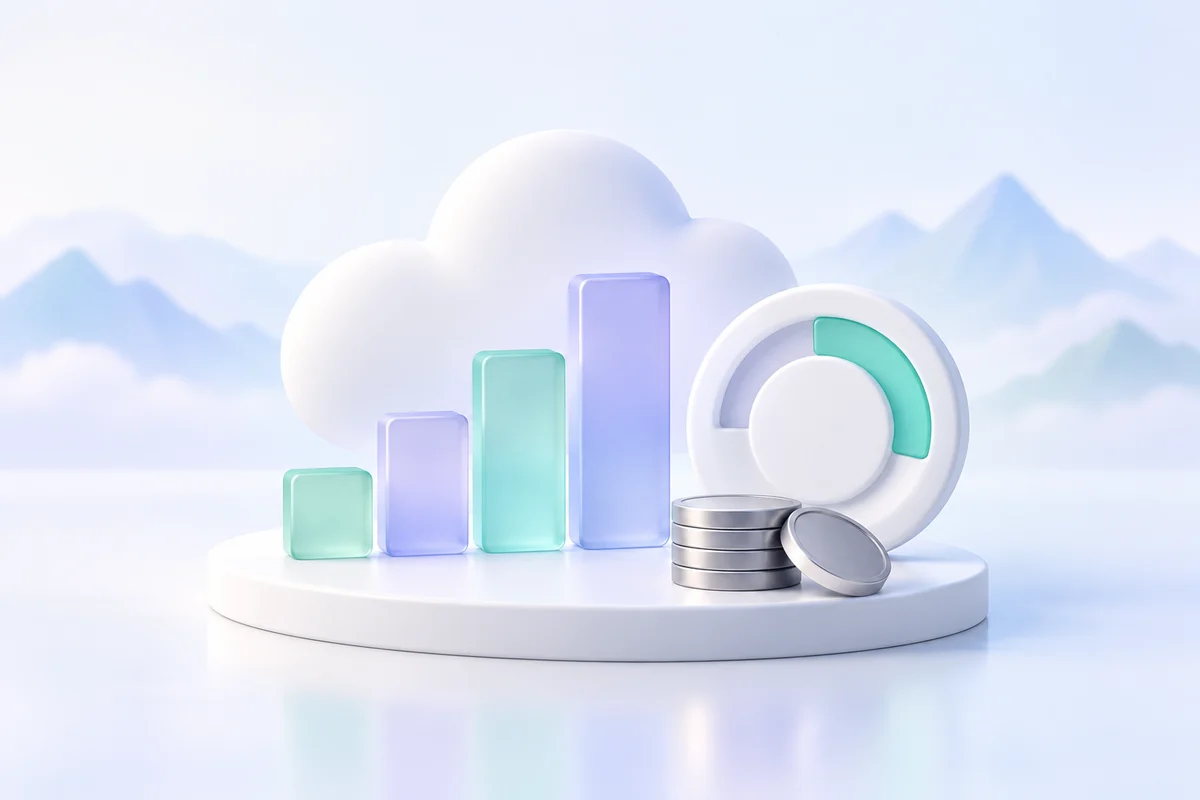 Mint and lavender cost charts beside a cloud budget gauge
