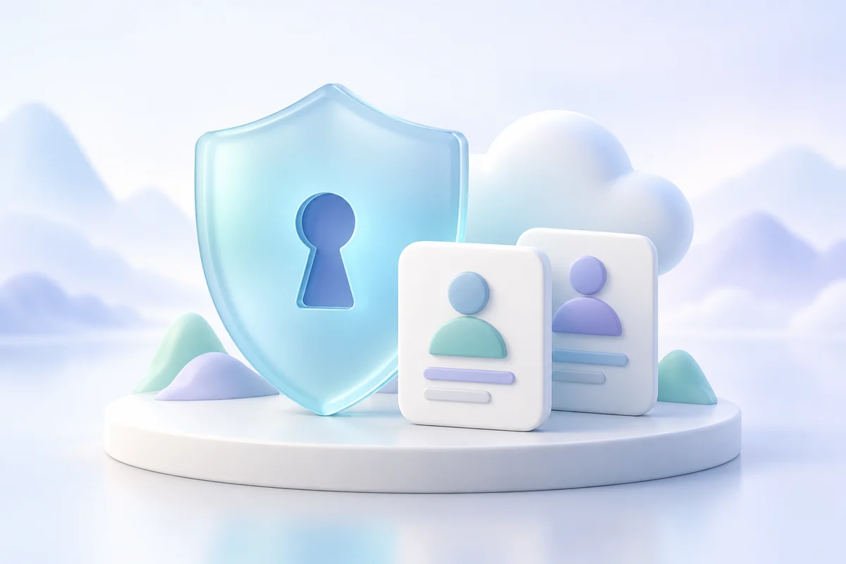 A pale blue security shield protecting cloud identity cards
